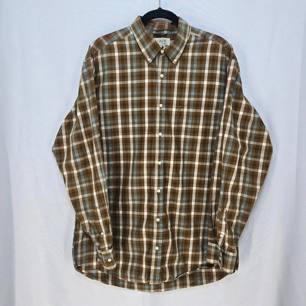 J.‎ Crew Mens L Tall Plaid Button Down Shirt Brown Blue White Cotton Long Sleeve